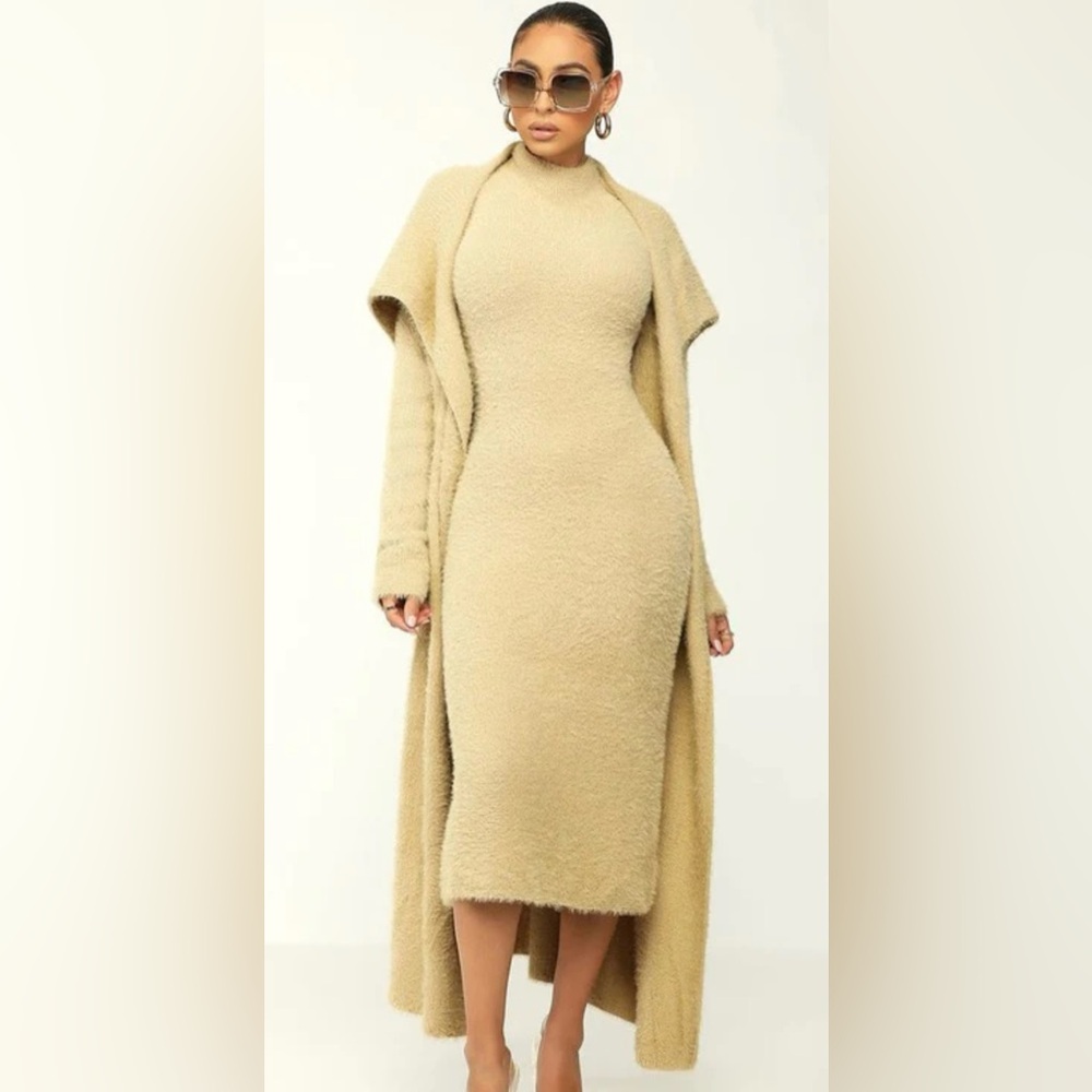 Two-Piece Cardigan & Dress Set - Taupe, Never Worn